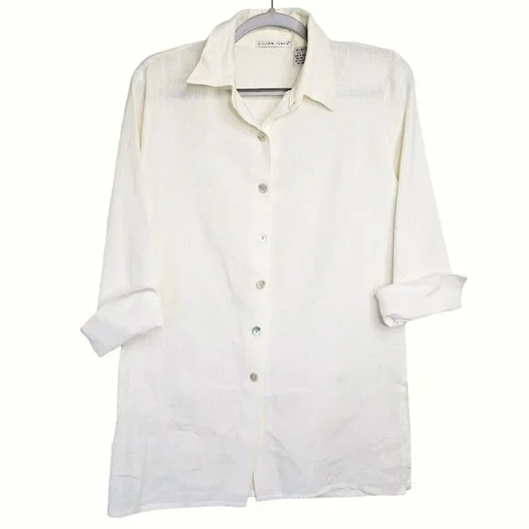 Vintage JILLIAN JONES 100% Linen Button Up Shirt Blouse Top OFF WHITE size S - Picture 1 of 8